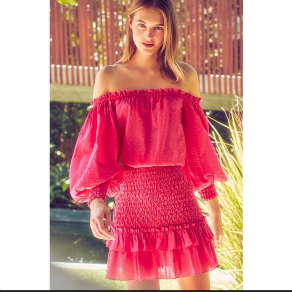 Alexis Marilena Pink Off the Shoulder Cotton Smocked Mini Dress XS